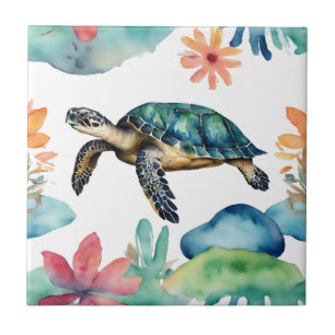 Swimming Sea Turtle Abstract Watercolor Ceramic Tile