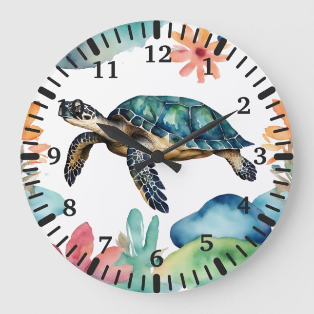 Swimming Sea Turtle Abstract Watercolor  Large Clock (Front)