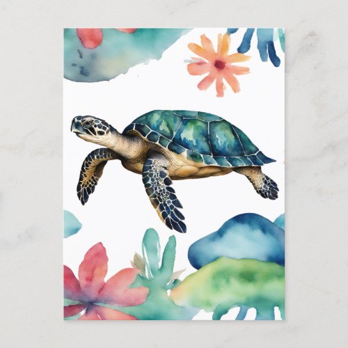 Swimming Sea Turtle Abstract Watercolor  Postcard