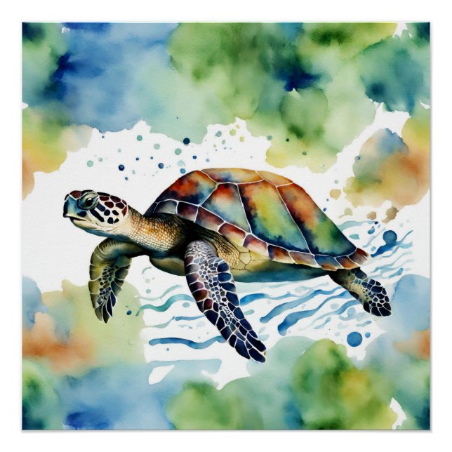 Swimming Sea Turtle Abstract Watercolor  Poster (Front)
