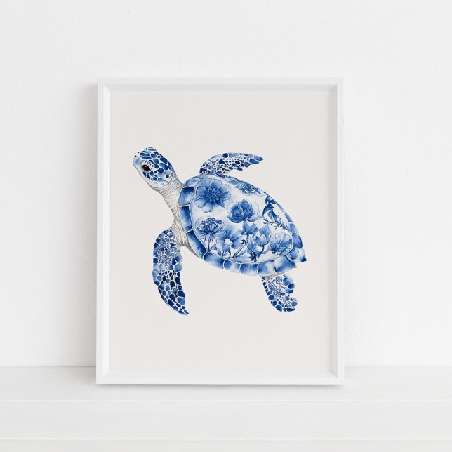 Swimming Sea Turtle – Coastal Blue on Beige Poster (Swimming Sea Turtle – Coastal Blue on Beige Poster in a white frame on the floor)