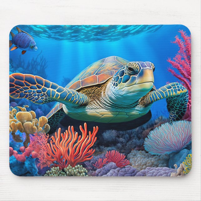 Swimming Sea Turtle Illustration Mouse Pad (Front)