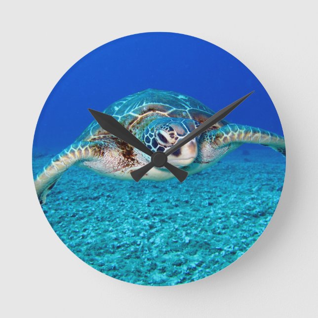 Swimming Sea Turtle Round Clock (Front)