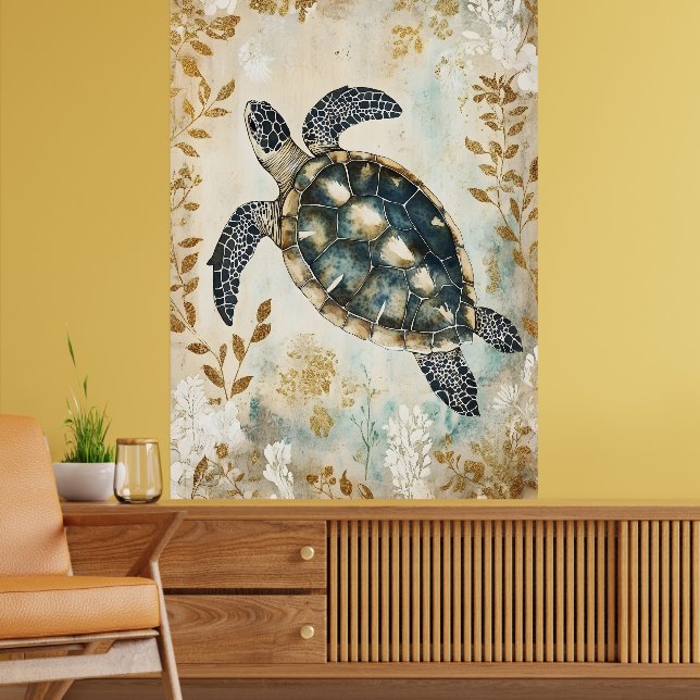 swimming sea turtle surrounded by floral patterns. poster (Living Room 2)