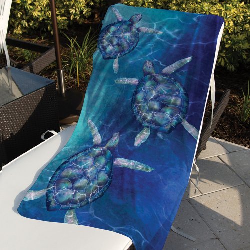 Swimming Sea Turtles Deep Blue  Turquoise Ocean Beach Towel