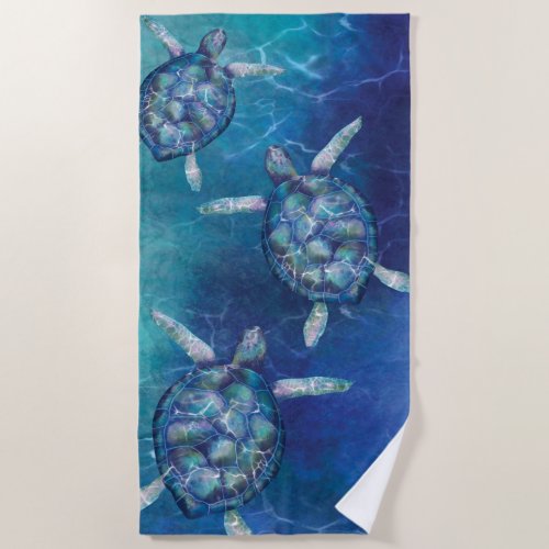 Swimming Sea Turtles Deep Blue  Turquoise Ocean Beach Towel