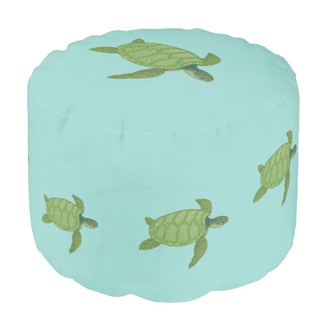Swimming Sea Turtles on Light Blue Pouf (Angled Front)