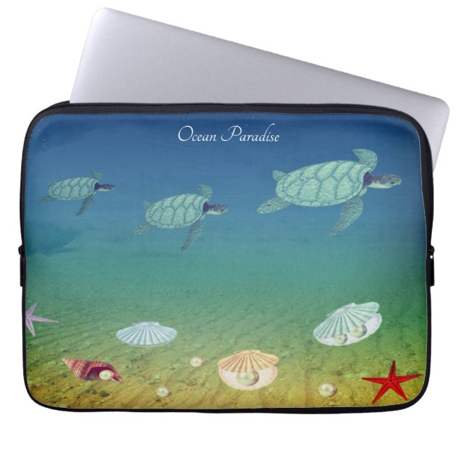 Swimming sea turtles, shells and pearls laptop sleeve (Front)