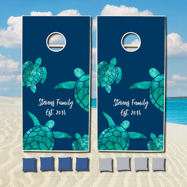 Swimming SeaTurtles Beach Wedding Teal Family Name Cornhole Set (Creator Uploaded)