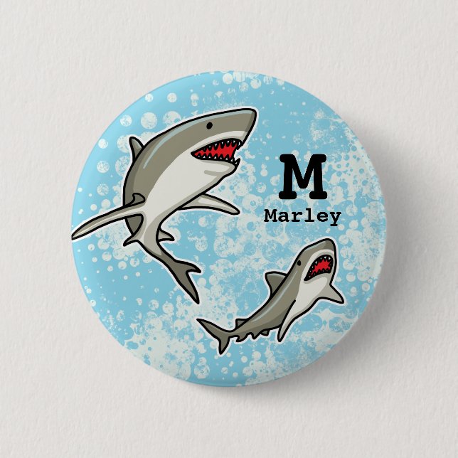 Swimming Sharks, Add Child's Name and Monogram Button (Front)
