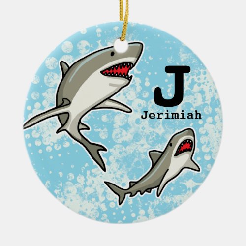 Swimming Sharks Add Childs Name and Monogram Ceramic Ornament