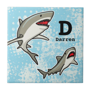 Swimming Sharks, Add Child's Name and Monogram Ceramic Tile