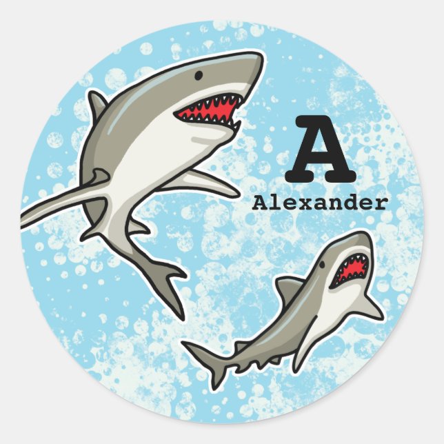 Swimming Sharks, Add Child's Name and Monogram Classic Round Sticker (Front)