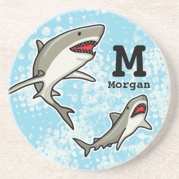 Swimming Sharks  Add Child's Name And Monogram Coaster by DuchessOfWeedlawn at Zazzle