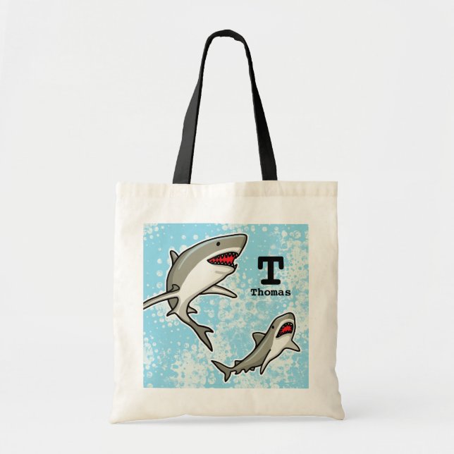 Swimming Sharks, Add Child's Name and Monogram Tote Bag (Front)