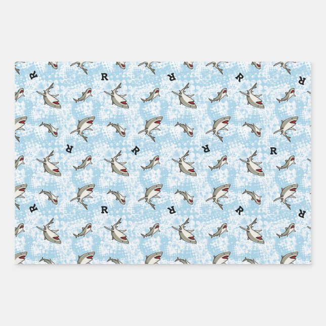 Swimming Sharks, Add Monogram Wrapping Paper Sheets (Front)