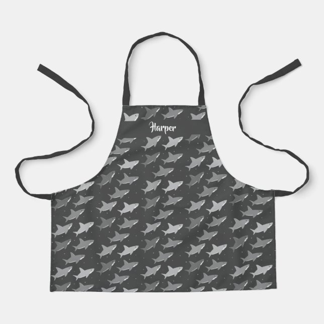 Swimming Sharks Gray Animal Cartoon Pattern Apron (Front)