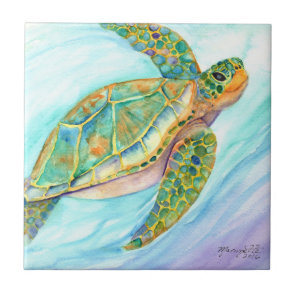 Swimming Smiling Sea Turtle Ceramic Tile