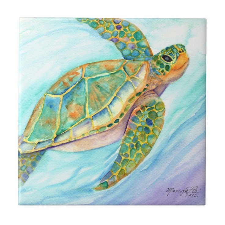 Swimming Smiling Sea Turtle Ceramic Tile | Zazzle