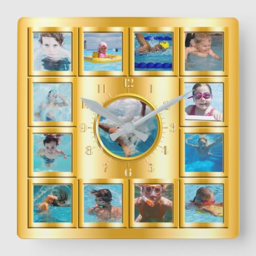 Swimming Stylish Gold Frame Photograph Collage Square Wall Clock