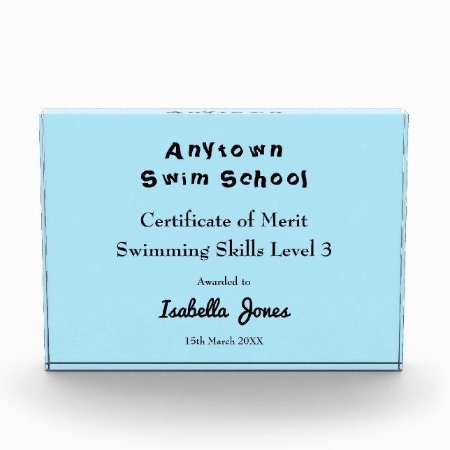 Swimming Success Blue Personalized Trophy Acrylic Award (Front)