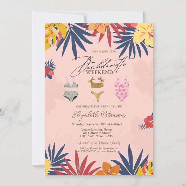  Swimming Suits Leaves Flowers Bachelorette Party Invitation (Front)