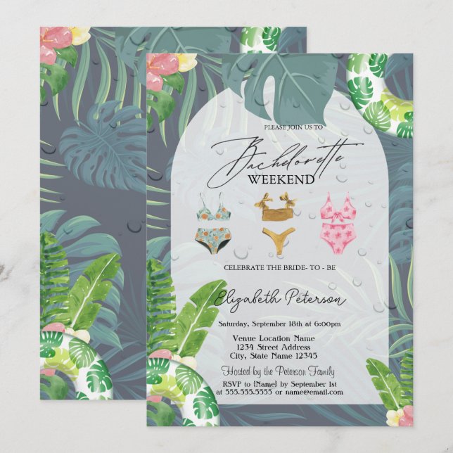 Swimming Suits Palm Leaves Pool Bachelorette Party Invitation (Front/Back)