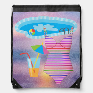 Swimming Summer Fun Purple Abstract Beach Drawstring Bag