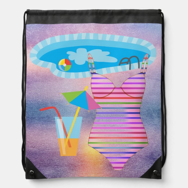 Swimming Summer Fun Purple Abstract Beach Drawstring Bag (Front)