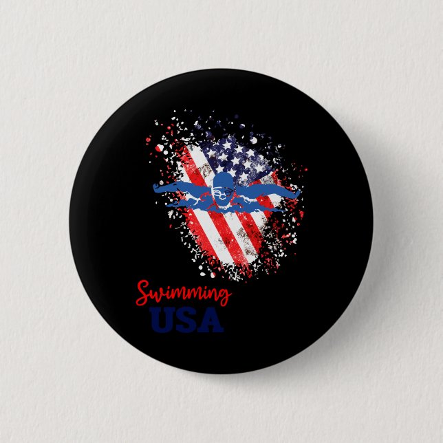Swimming Support Team Flag Usa Pool Swimmer Button (Front)