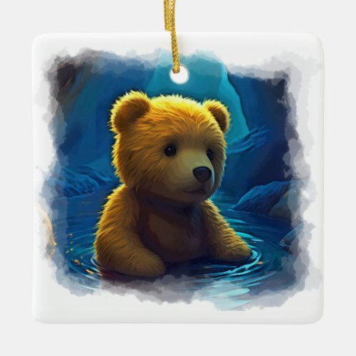 Swimming Teddy Bear Cartoon Design for Kids Ceramic Ornament