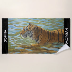 Swimming Tiger Art, Personalize Names, Black Beach Towel