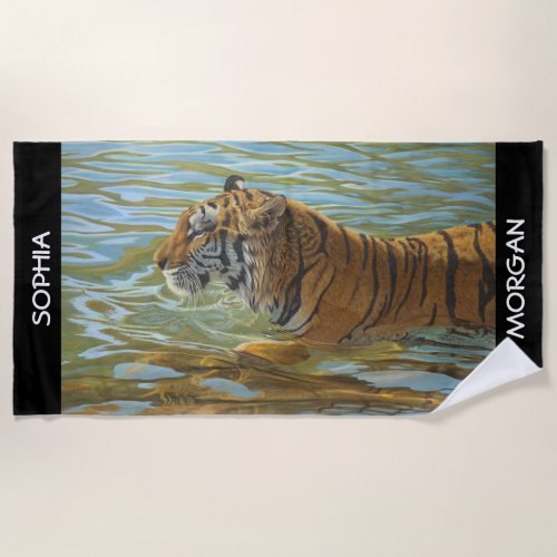 Swimming Tiger Art Personalize Names Black Beach Towel