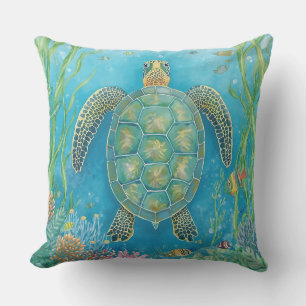 Swimming Tropical Sea Turtle Outdoor Pillow