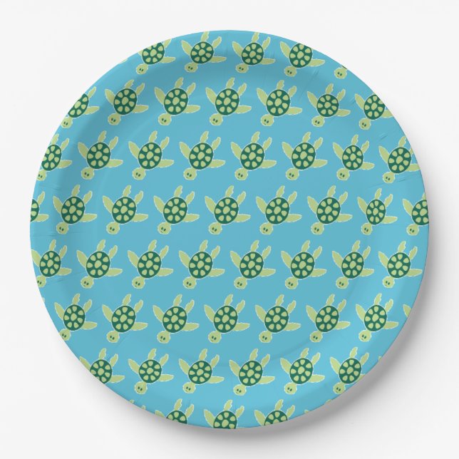 Swimming Turtles Pattern Blue Paper Plates (Front)