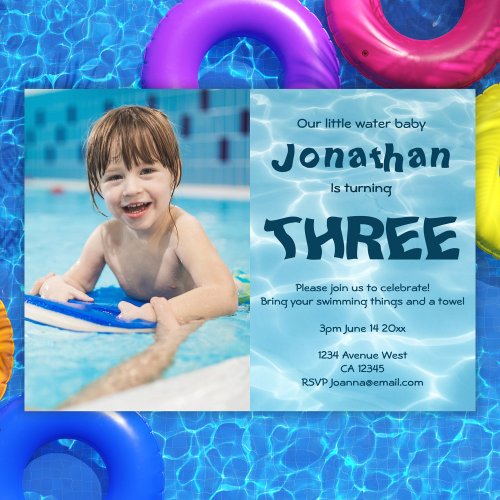 Swimming water baby photo 3rd birthday party invitation