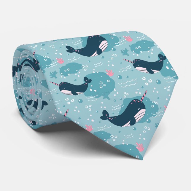 Swimming Whales Ocean Bubbles Neck Tie (Rolled)