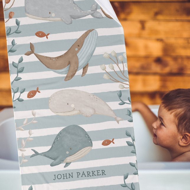 Swimming Whales Stripe towel set with name (Creator Uploaded)