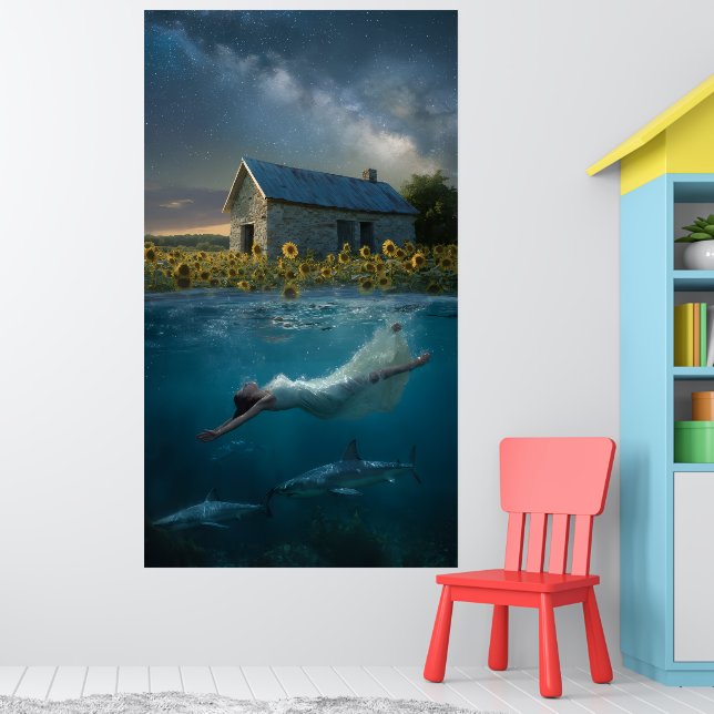 Swimming With Sharks on the Prairie Surreal Art Poster (Nursery 1)