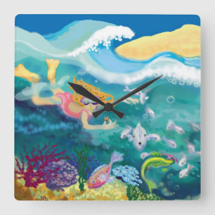 Swimming with the fish square wall clock