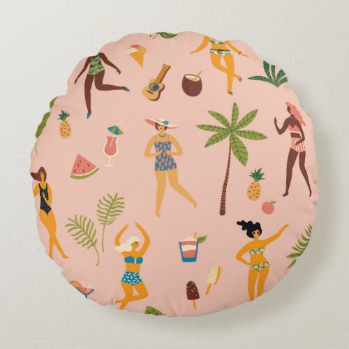 Swimsuit Ladies Tropical Vintage Dance Round Pillow