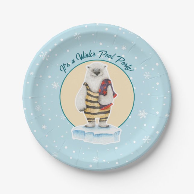 Swimsuit Polar Bear Winter Pool Party Paper Plates (Front)