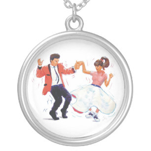 swing dancer poodle skirt & saddle shoes silver plated necklace