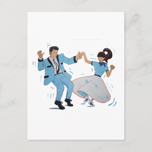 swing dancer with poodle skirt and saddle shoes postcard