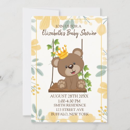 Swing Flora Prince Bear Boy Baby Shower Invitation