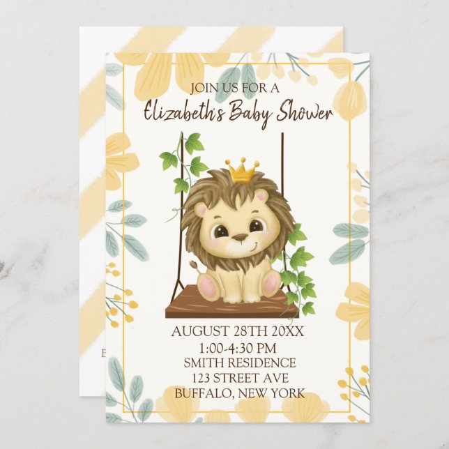 Swing Flora Prince Lion Boy Baby Shower Invitation (Front/Back)