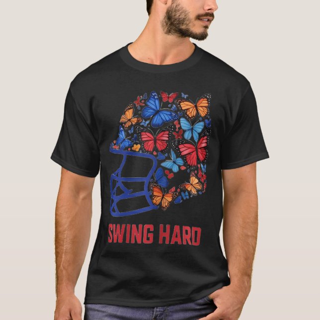 Swing Hard Baseball Helmet Butterfly Lady Baseball T-Shirt (Front)
