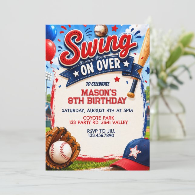 Swing On Over Baseball Birthday, Baseball Party Invitation (Standing Front)