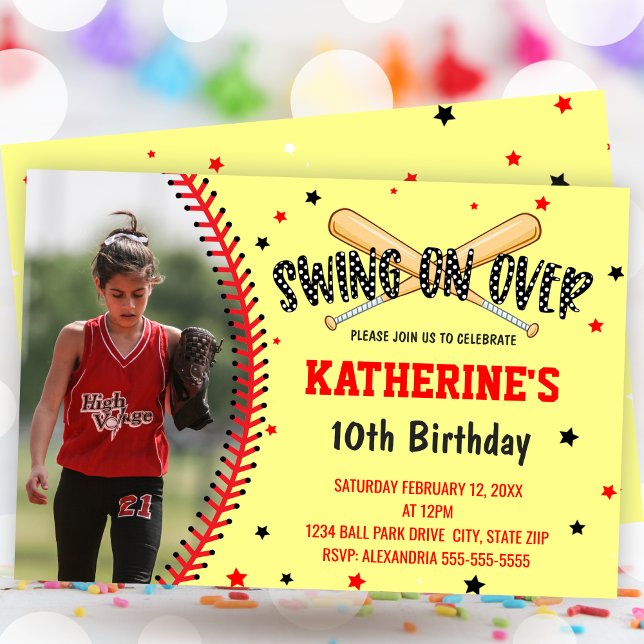 Swing On Over Girls Softball Birthday Party Invitation