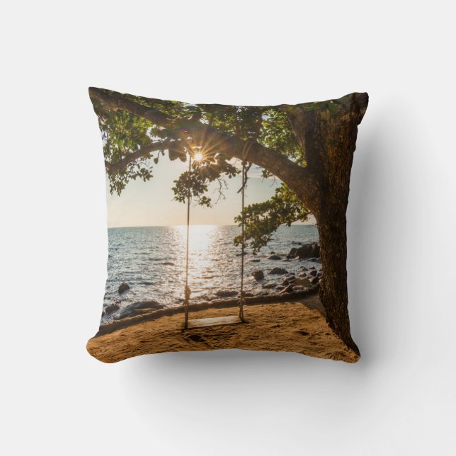 Swing on the Beach at Sunset Throw Pillow (Front)